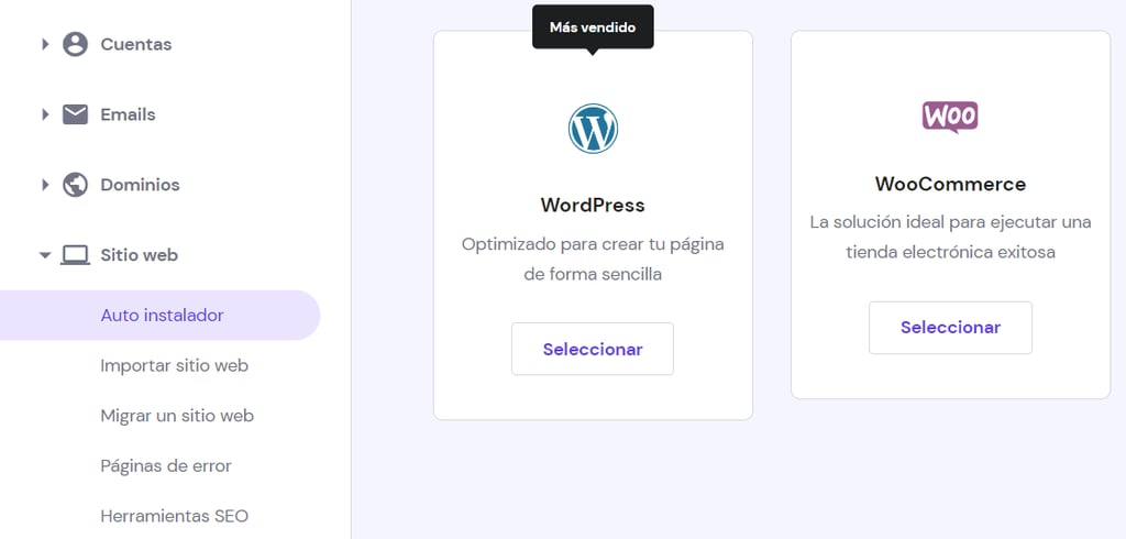 Sección auto instalador del hPanel.