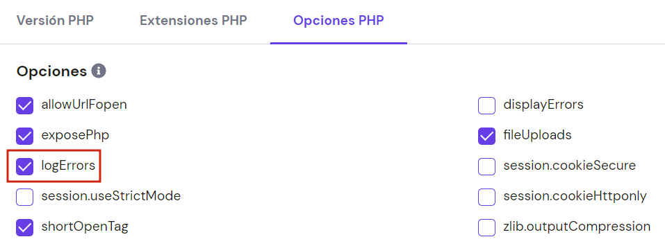 Secci&oacute;n de ajustes de PHP en hPanel