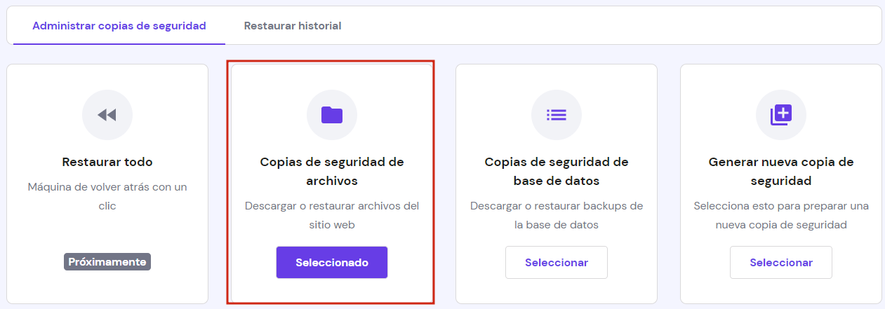Secci&oacute;n de copias de seguridad de hPanel