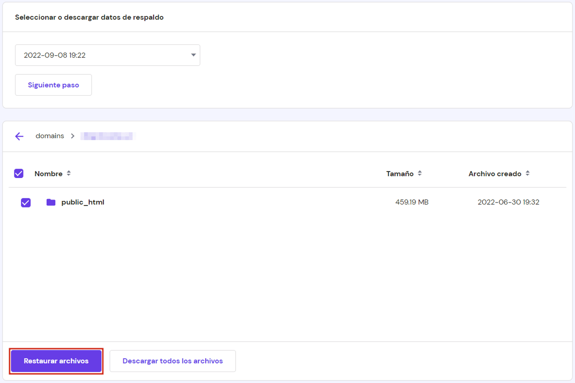 Secci&oacute;n para descargar copias de seguridad en hPanel