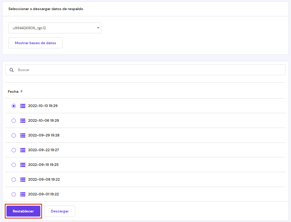 Secci&oacute;n para descargar datos de respaldo en hPanel