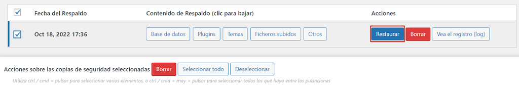Secci&oacute;n para Restaurar una copia de seguridad usando UpdraftPlus
