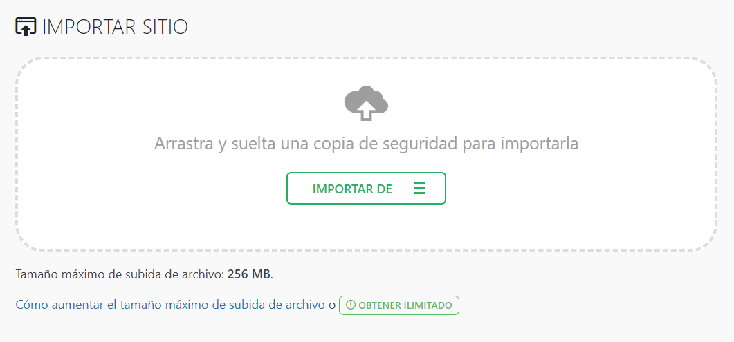 Secci&oacute;n para Importar sitio desde All-in-One WP Migration. 