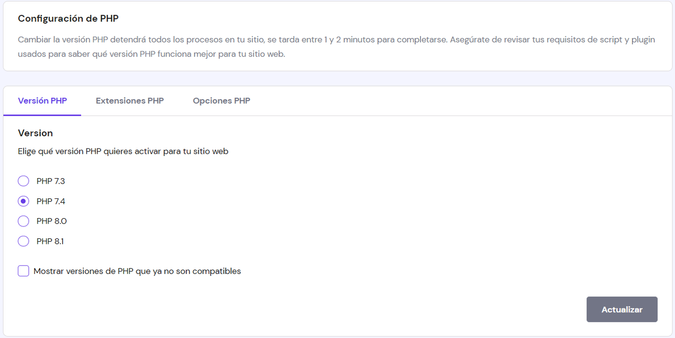 Secci&oacute;n de Configuraci&oacute;n de PHP en hPanel. 