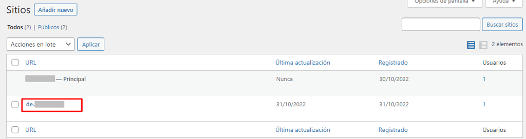 Lista de sitios creados