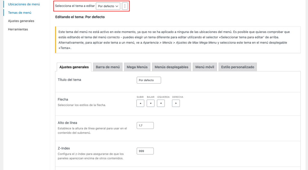 cómo localizar la opción de seleccionar el tema a editar en la sección del mega menú