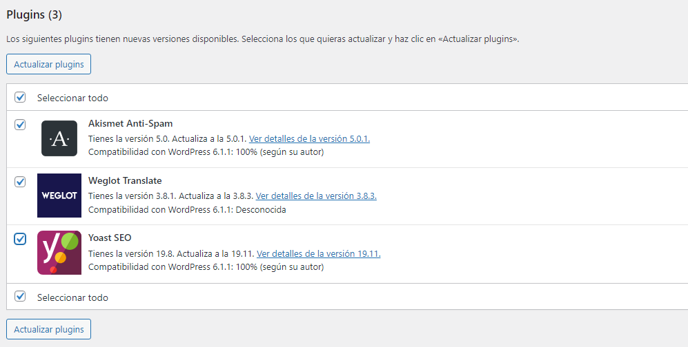 Actualizar plugins desde la secci&oacute;n Actualizaciones de WordPress