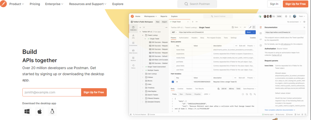 Página de inicio de Postman