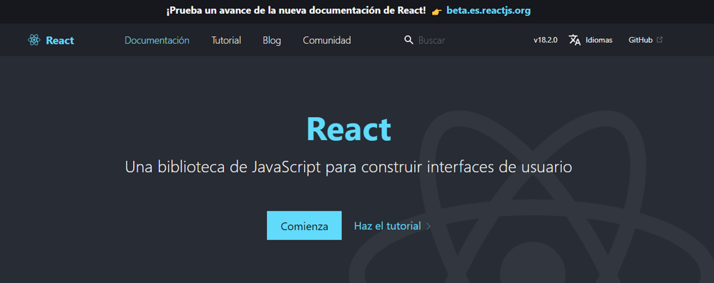Página de inicio de la herramienta de programación React