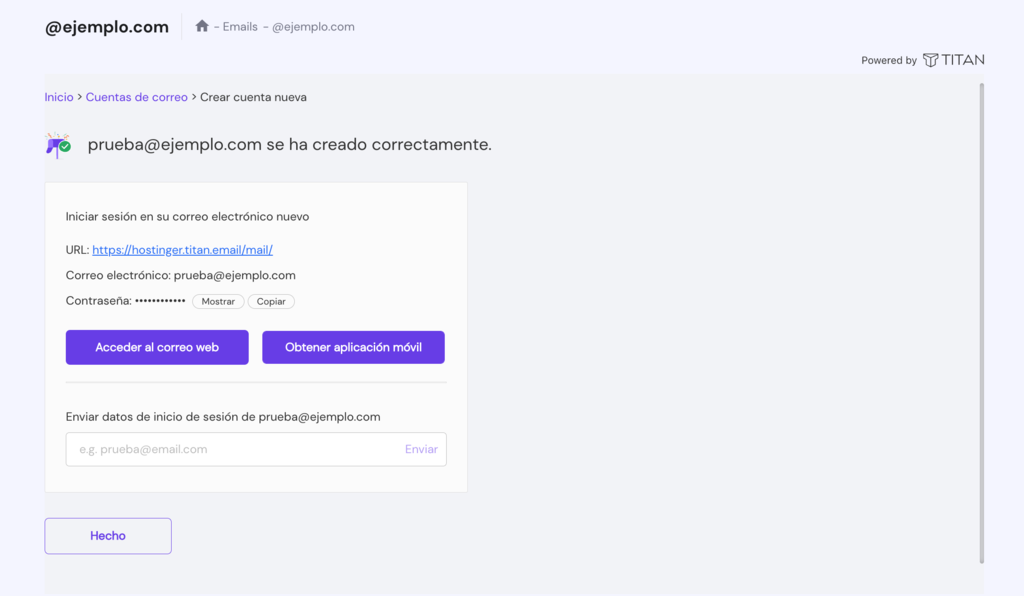 La pantalla de mensaje de &eacute;xito de creaci&oacute;n de correo electr&oacute;nico en hPanel