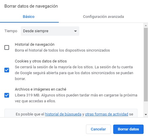 Visualización del botón para borrar datos de navegación