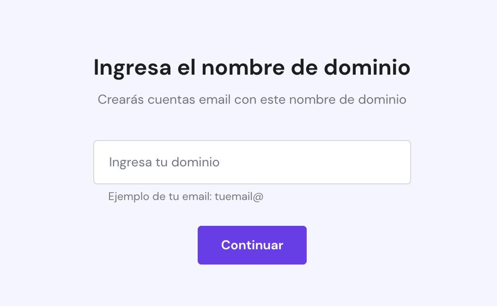 Pantalla de Introducir nombre de dominio en la configuraci&oacute;n de la cuenta de correo electr&oacute;nico de hPanel