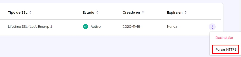 Forzar HTTPS de un dominio en el hPanel