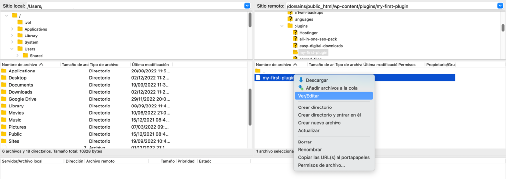 Una captura de pantalla del cliente FTP que muestra cómo ver o editar tu archivo PHP