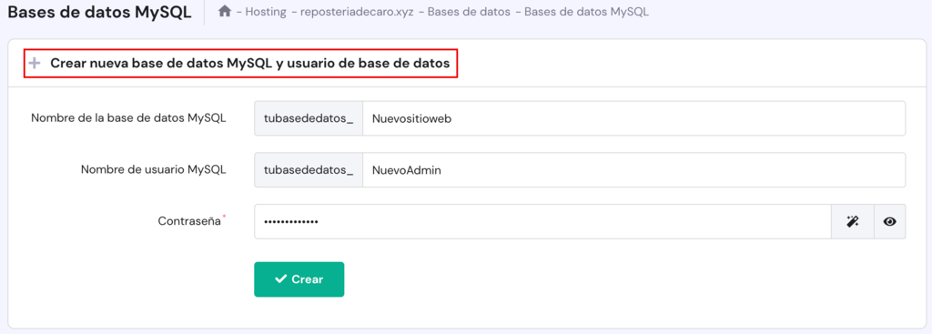 Sección Bases de datos MySQL de hPanel
