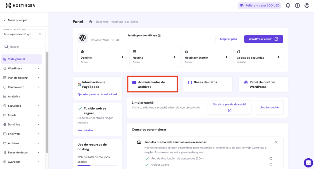 Opci&oacute;n Administrador de archivos de hPanel