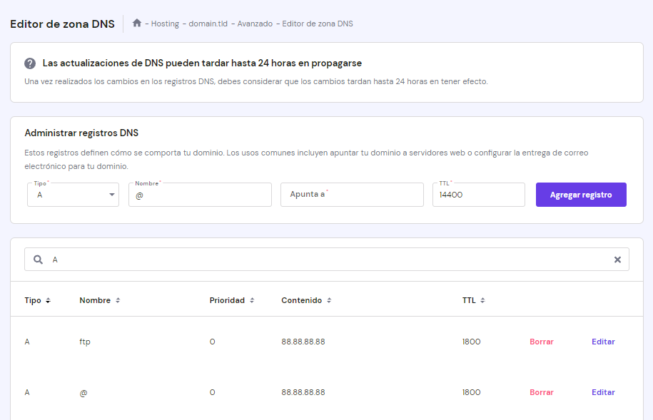 El editor de zonas DNS en el hPanel de Hostinger, que muestra el registro A
