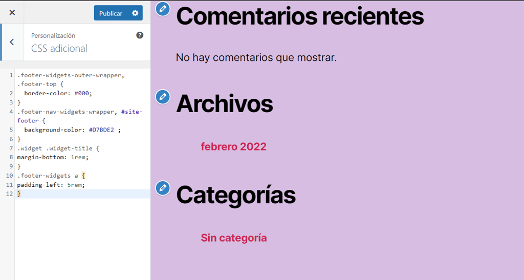 Ejemplo de código para editar el rellendo y el margen del pie de página en el personalizador de WordPress.