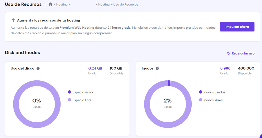 Sección Uso de Recursos de hPanel