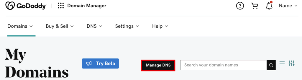 Sección Mis dominios de GoDaddy