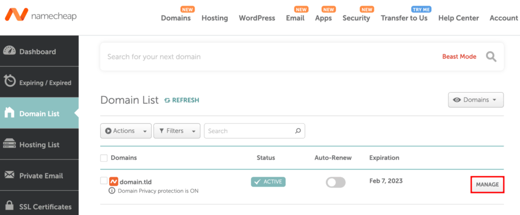 Sección Lista de dominios de Namecheap
