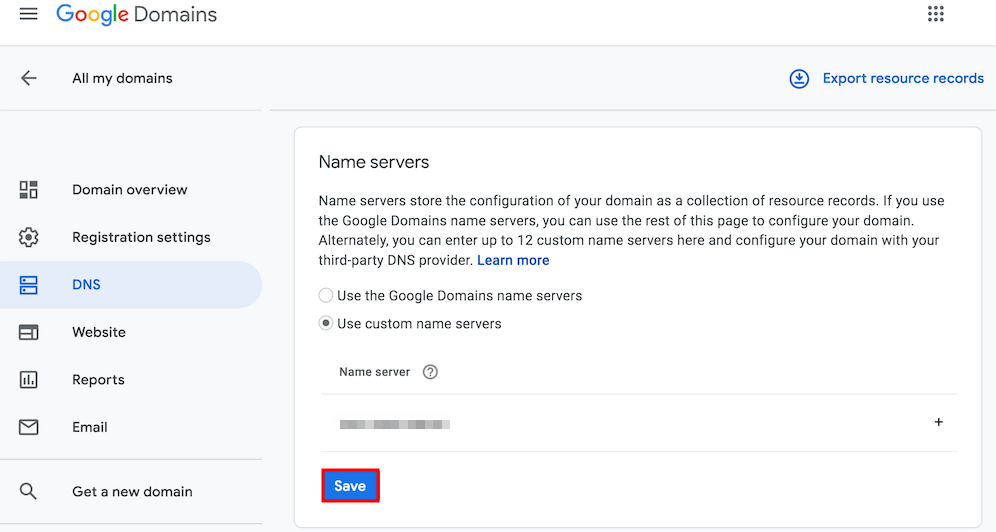 Página DNS de Google Domains