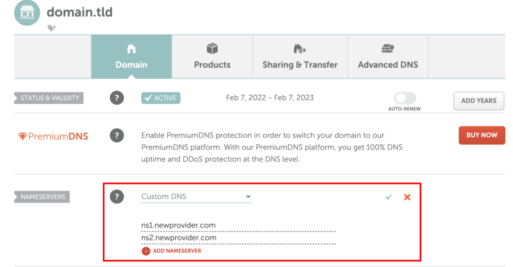 Sección Servidores de nombres de Namecheap