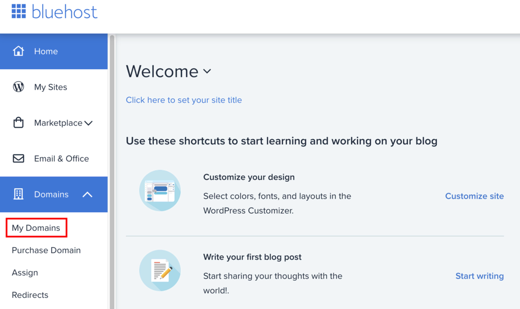 Sección de dominios de Bluehost