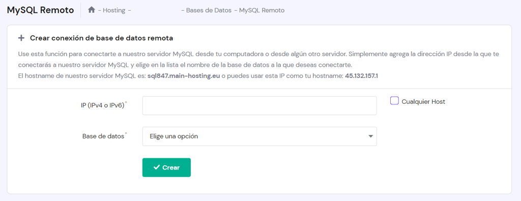 Sección para habilitar una dirección IP en MySQL remoto