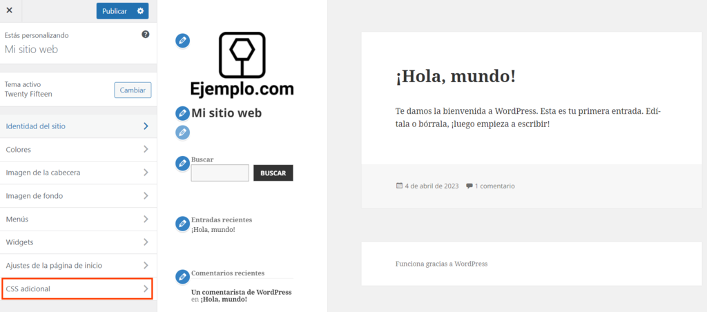 Opci&oacute;n CSS adicional del Personalizador de WordPress