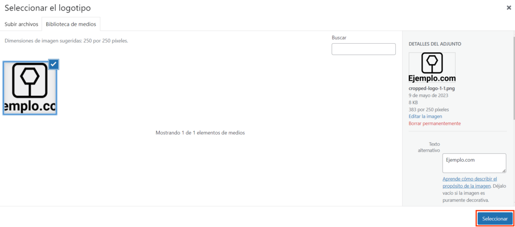 Pesta&ntilde;a para elegir archivos cargados en el Personalizador de WordPress