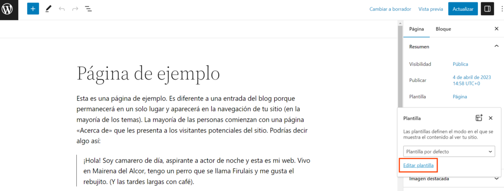 Opci&oacute;n Editar plantilla del editor de bloques de WordPress