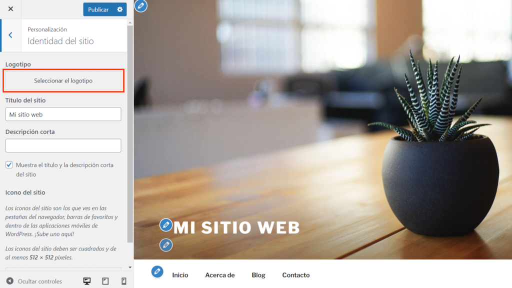 Opci&oacute;n Seleccionar el logotipo del Personalizador de WordPress