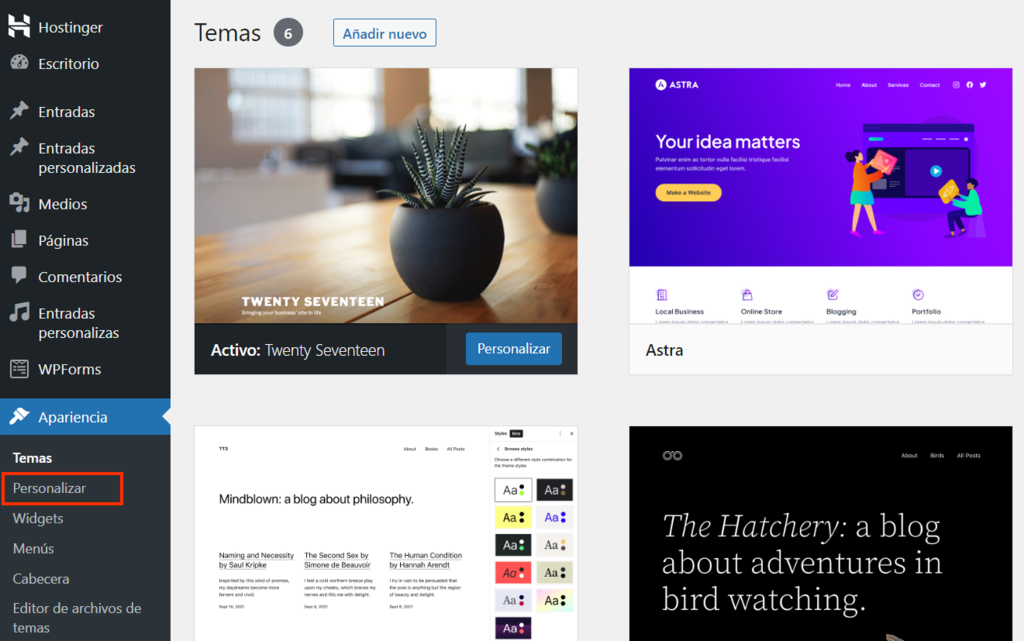 Opci&oacute;n Personalizar de la secci&oacute;n de temas de WordPress