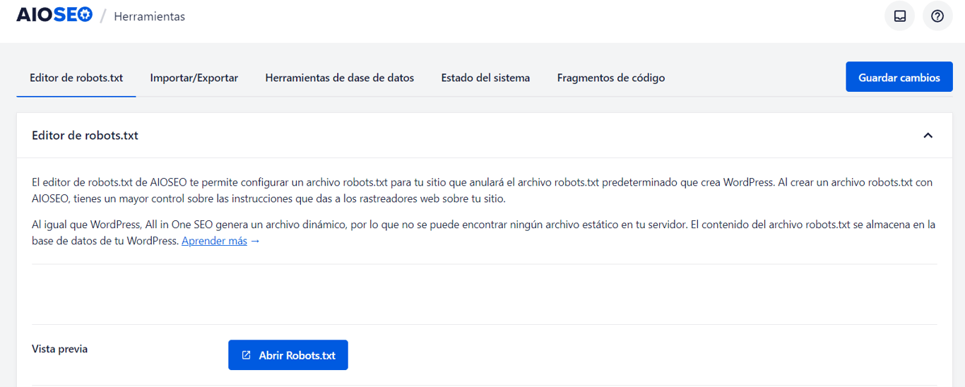 Activando la función robot.txt del plugin AIOSEO