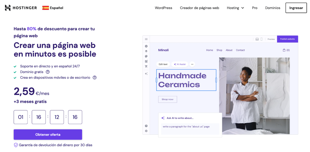 Creador de p&aacute;ginas web de Hostinger