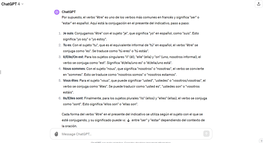 ChatGPT explica cómo conjugar el verbo être en francés.