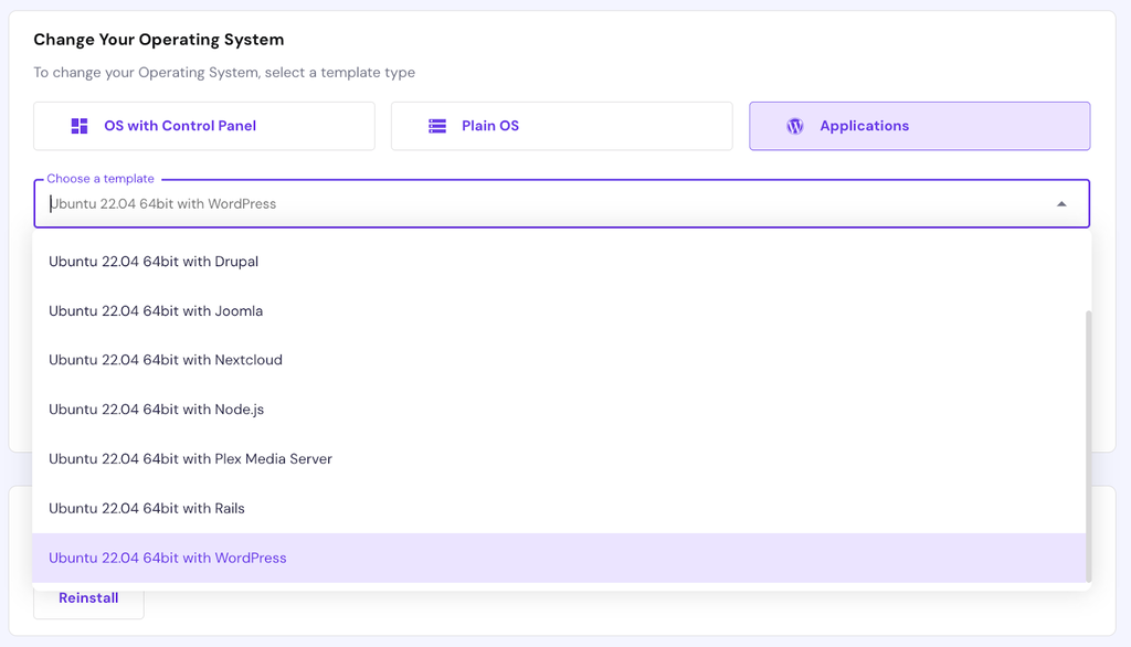 Elegir plantilla Ubuntu 22.04 64bit con WordPress en hPanel.