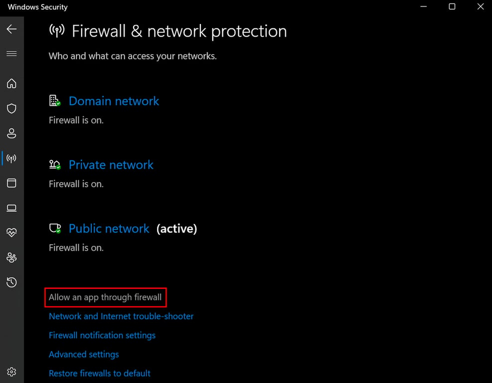 Opci&oacute;n Permitir una aplicaci&oacute;n a trav&eacute;s del cortafuegos de Windows