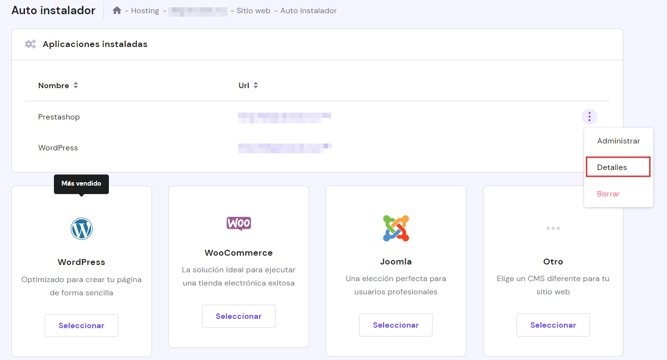 Sección de Auto Instalador de hPanel