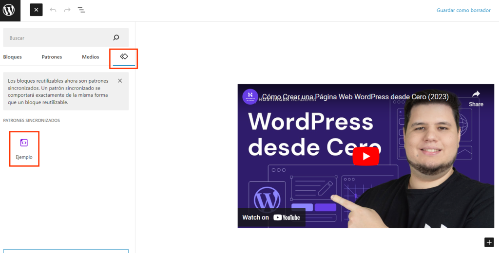Lista de bloques reutilizables de WordPress