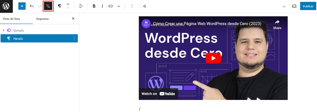 Vista de lista de bloques de Gutenberg