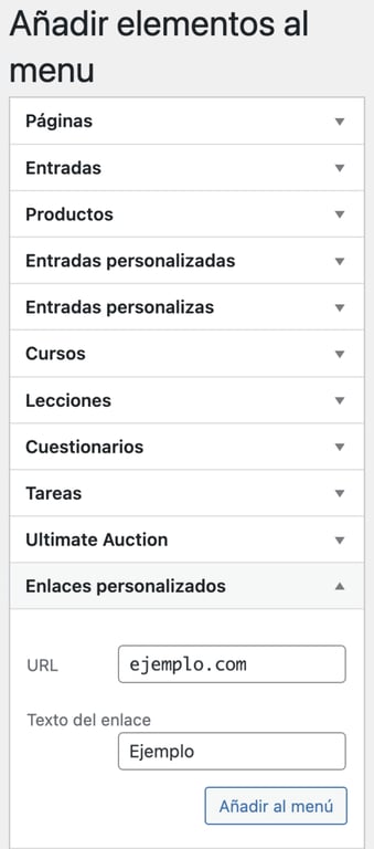 Secci&oacute;n de enlaces personalizados de WP