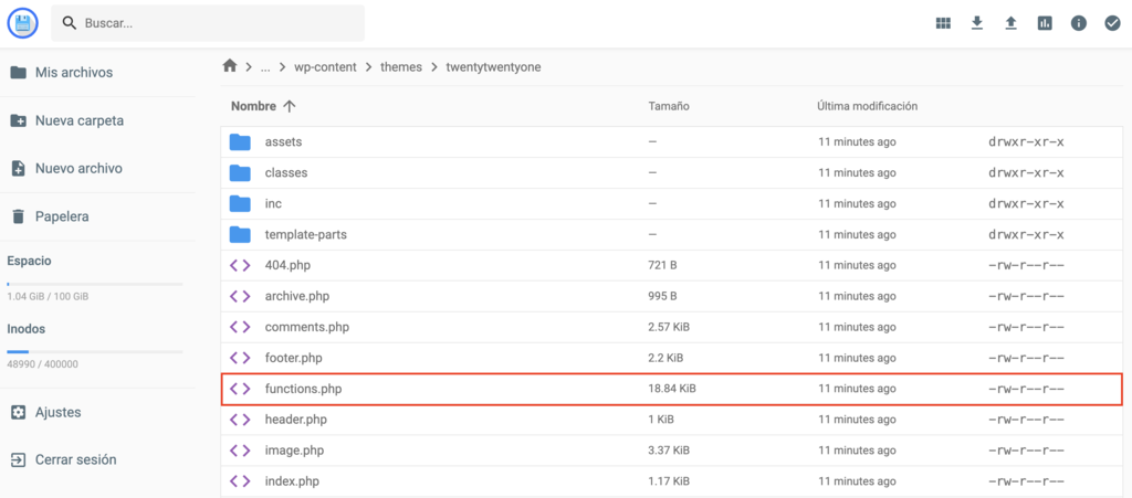 Archivo Functions.php del Administrador de archivos