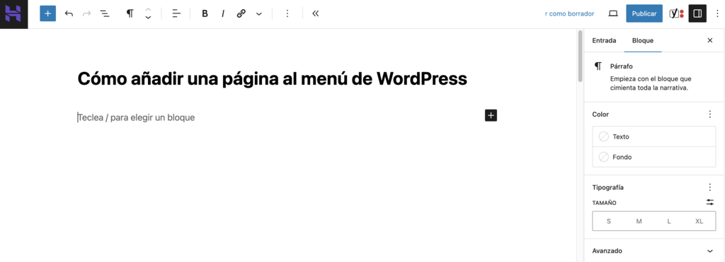 Crear p&aacute;gina en WordPress
