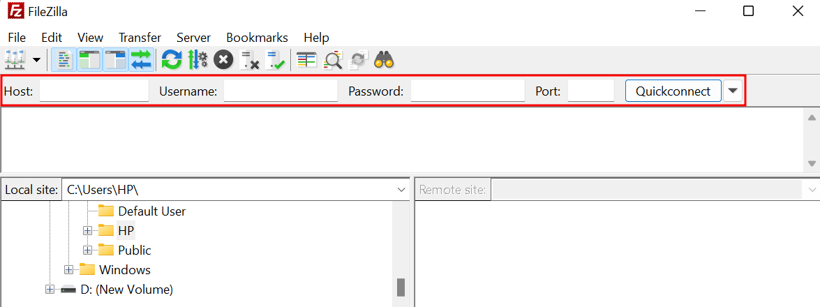 Los campos Host, Nombres de usuario, Contraseñas y Puerto de FileZilla y el botón Quickconnect