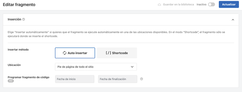 Editar fragmento en WPCode en WP