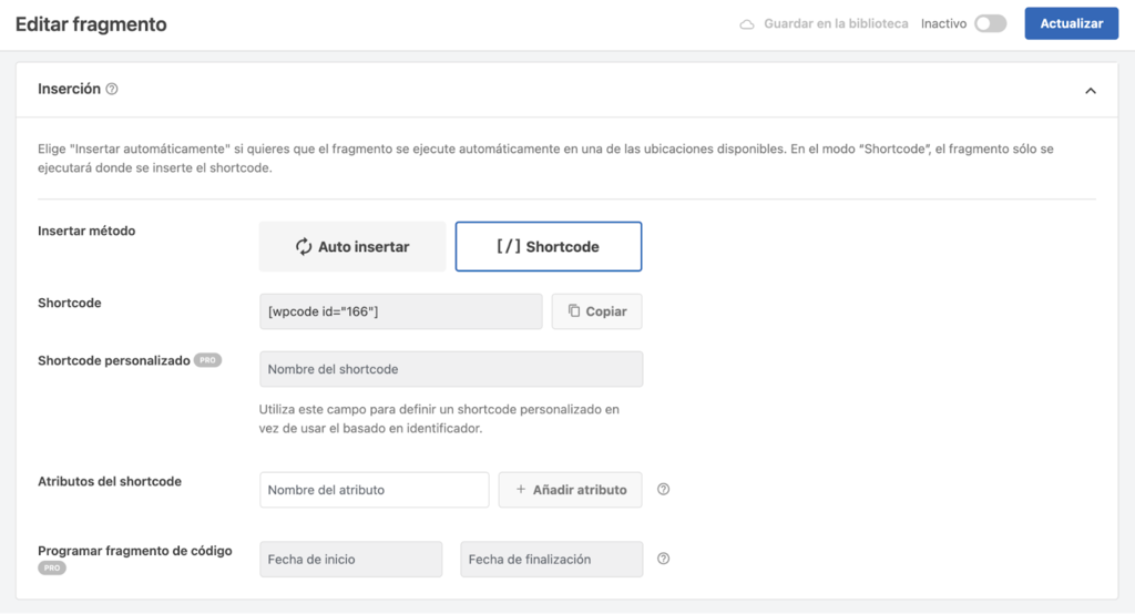 Editar fragmento en WPCode en WP