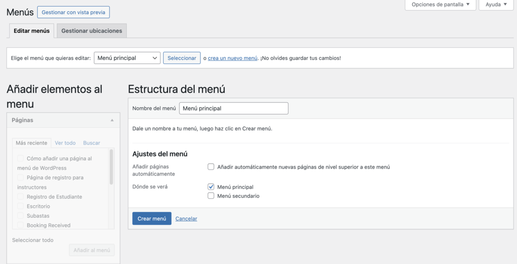 Men&uacute;s de WordPress