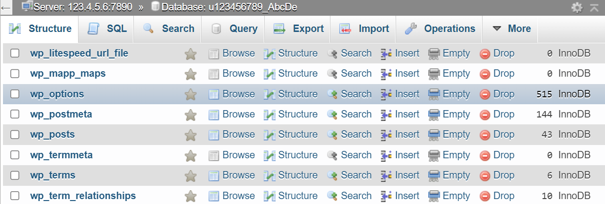 La tabla wp_options en phpMyAdmin